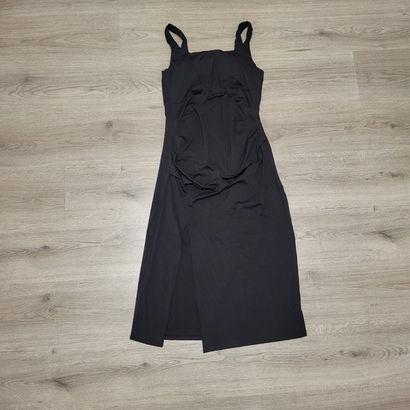 Halara Softlyzero Airy Square Neck Black Ruched Side Slit Midi Dress Corset L - Picture 5 of 8